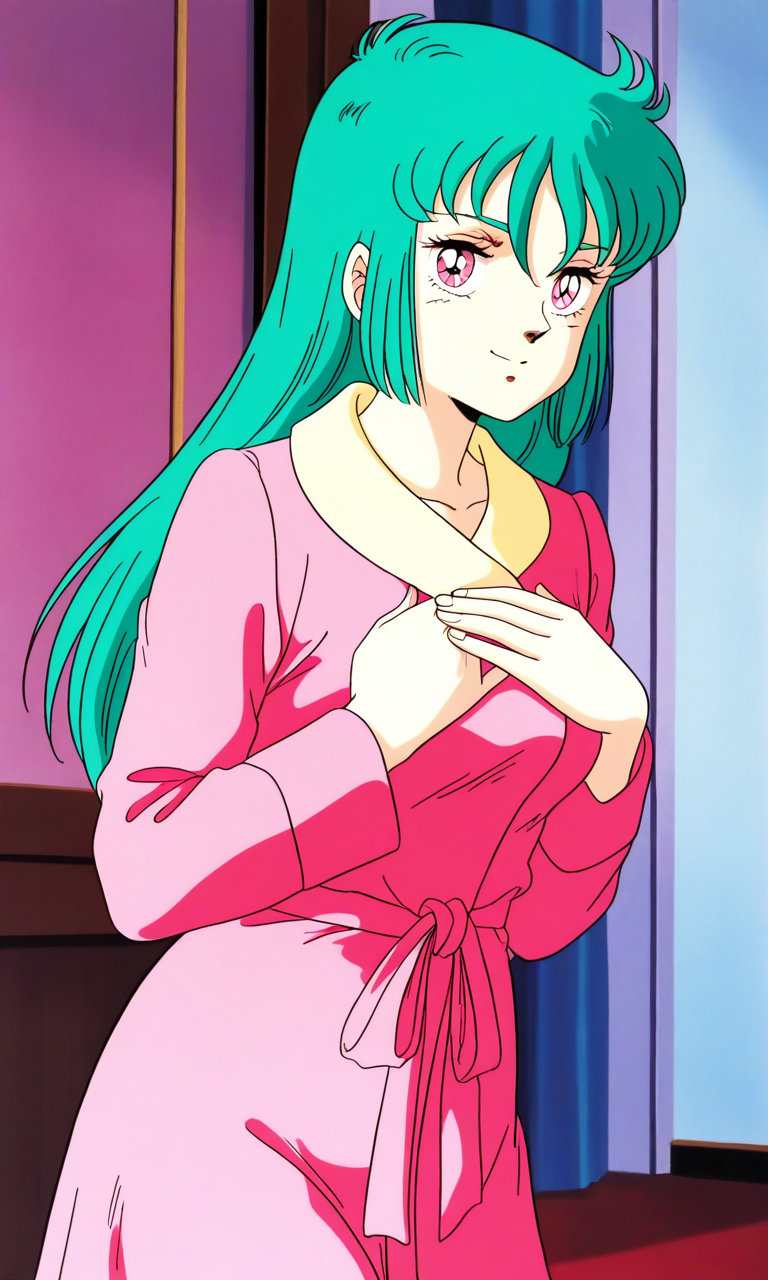 general,highres, ultra-detailed,very aesthetic,best quality ,best hands, BREAK <lora:Ciela_Lapana_gown_IS:0.8>
Ciela_Lapana(gown), 1girl, solo,  long hair, green hair, pink eyes, bangs, medium breasts, pink and Yellow gown, robe, smile, 
pajamas, indoors,  cowboy Shot,
hands on own chest,
long sleeves, 1980s (style), anime coloring,