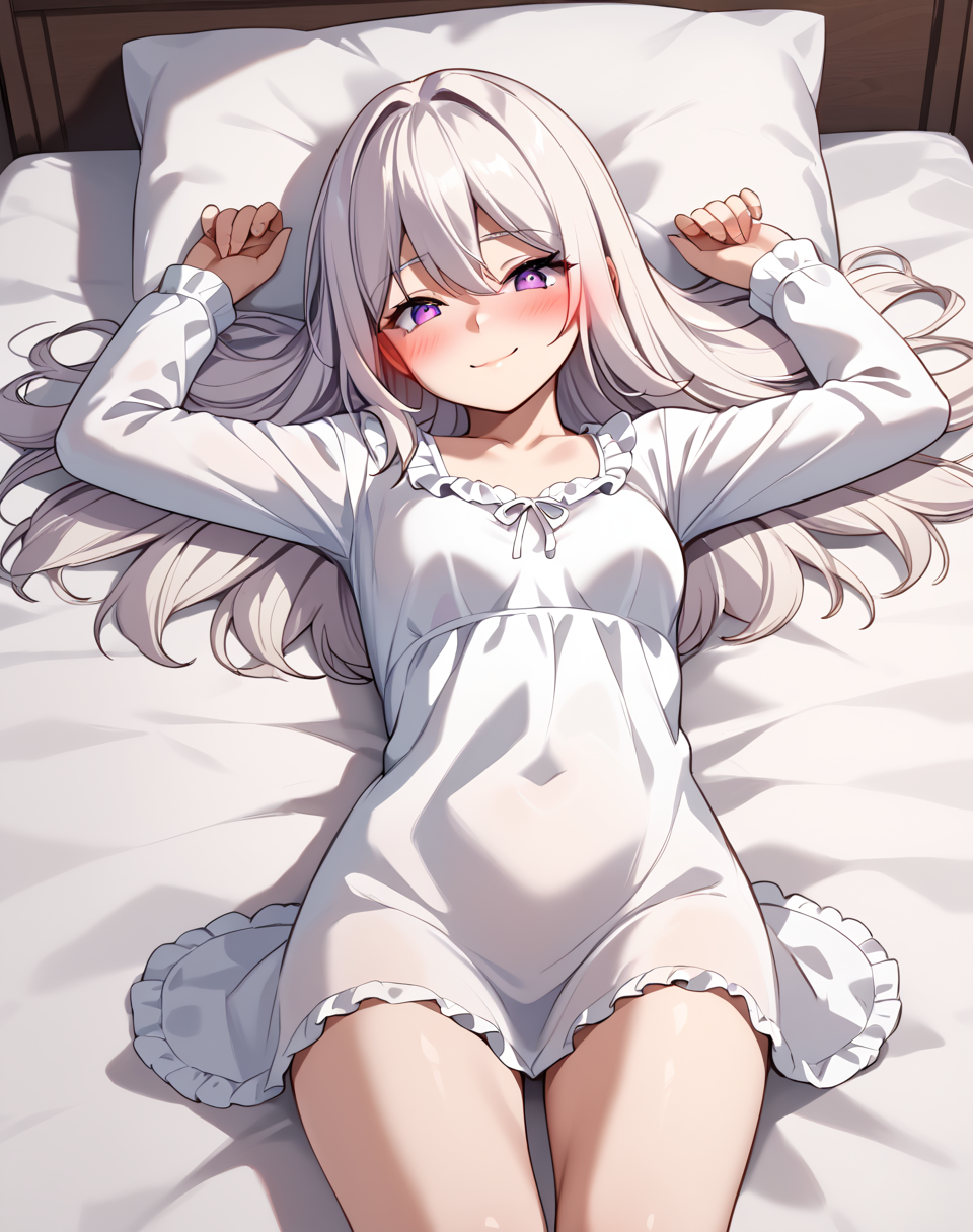 lucy_maeril, long hair, white hair, purple eyes, 1girl, long sleeves, nightgown,small breasts BREAKindoors, bedroom, bed BREAK looking at viewer, shy, smile, blush, arms up, pov, from above, lying on bed, on back BREAK, solo, score_9, score_8_up, score_7_up, source_anime ,zPDXL, <lora:Lucy_Maeril_Pony:0.8>
