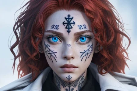 bright red hair, human female, (feminine:1.7), (beautiful face, detailed face:1.6), (beautiful eyes, detailed eyes:1.7), (looking at viewer, eye contact, intense:1.6), (long hair, red hair, curly hair:1.3), , ((masterpiece, best quality, high resolution, realistic, best quality,)), photo realistic, Perfect Face, (detailed face). <lora:GoodHands-vanilla:0.6> <lora:add-detail-xl:0.8>, mage, (Dress White military uniform coat), dagger, rune dagger, glowing runes, , (((glowing magic symbols tattoos, religious tattoos))), ((face tattoos)), glowing tattoos, stone tower in the background