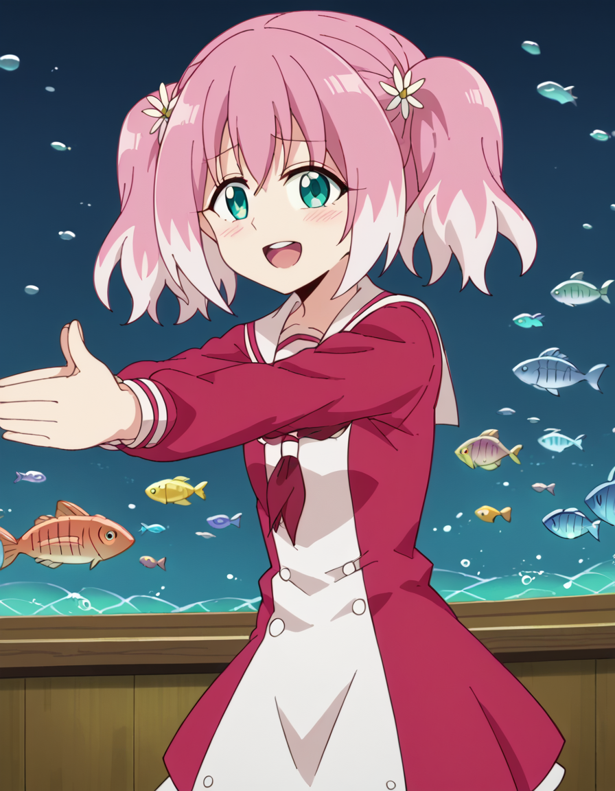score_9, score_8_up, score_7_up, source_anime, <lora:nana-hiiragi-s1-ponyxl-lora-nochekaiser:1>, nana hiiragi, aqua eyes, twintails, pink hair, flower, white hair, multicolored hair, hair flower, two-tone hair, anime screencap, dress, school uniform, sailor dress, red neckerchief, white sailor collar,, glacier, ice, cold, blue, snowy, smile, <lora:sakana-ponyxl-lora-nochekaiser:1> sakana, sakana~ (meme), meme, aquarium, standing on one leg, palms together, fish tank, own hands together, standing, outstretched arms, closed eyes, blush, open mouth,, looking at viewer, solo,, dutch angle, cowboy shot