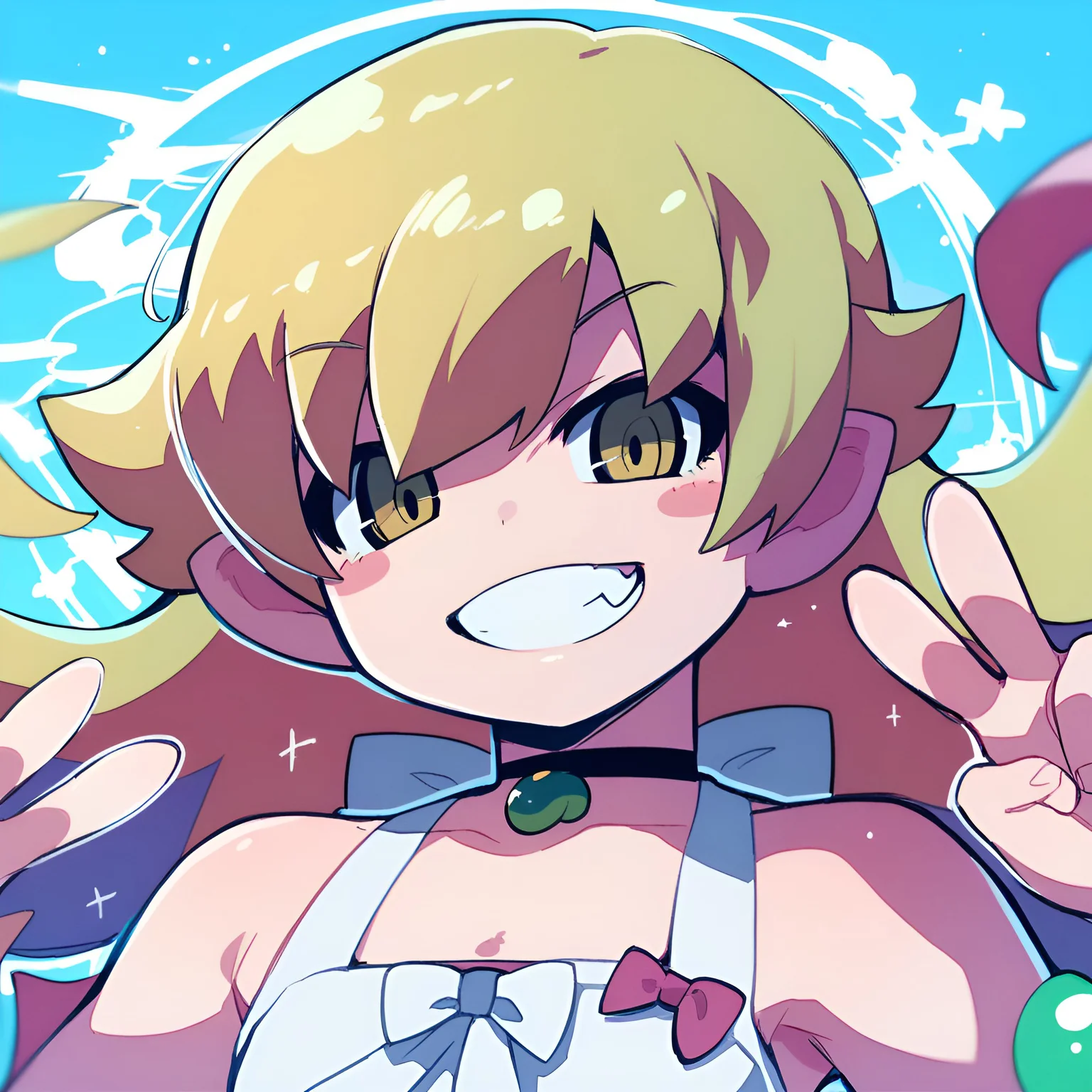 (score_9,score_8_up,score_7_up,),<lora:shinobu:0.9>,oshino shinobu,long hair,solo,blonde hair,yellow eyes,pointy ears,dress,white dress,blush stickers,bare shoulders,portrait,v,fang,grin,<lora:zankuroXLP6_lokr_V4236:0.6>,