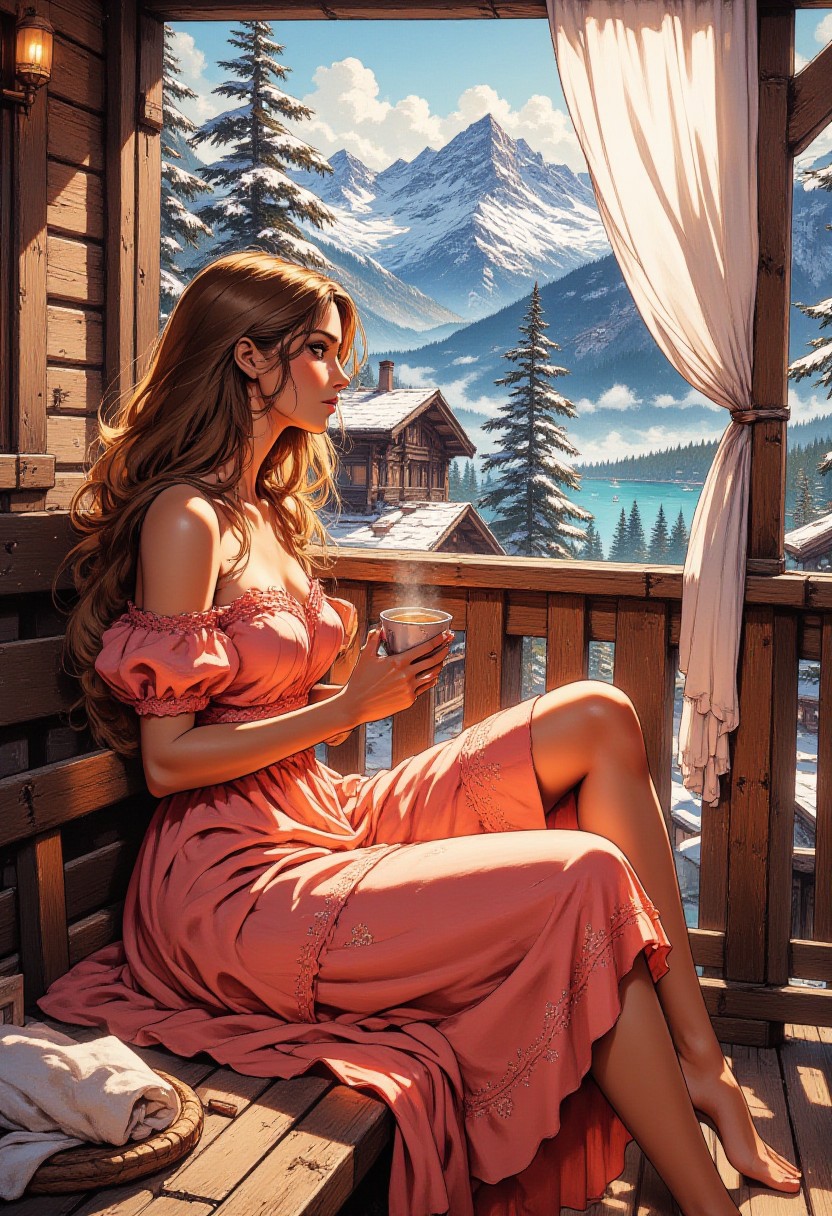 Swiss Mountain Chalet – Pastel Coral Dress
"A young woman sits on a charming wooden balcony of a Swiss mountain chalet, overlooking snow-capped peaks and a tranquil alpine lake. She wears a flowing pastel coral dress with delicate embroidery and an off-shoulder design. A sheer white curtain sways in the crisp mountain air, adding to the dreamy ambiance. She holds a cup of hot chocolate, her gaze lost in the beauty of nature as golden morning light filters through the pine trees."