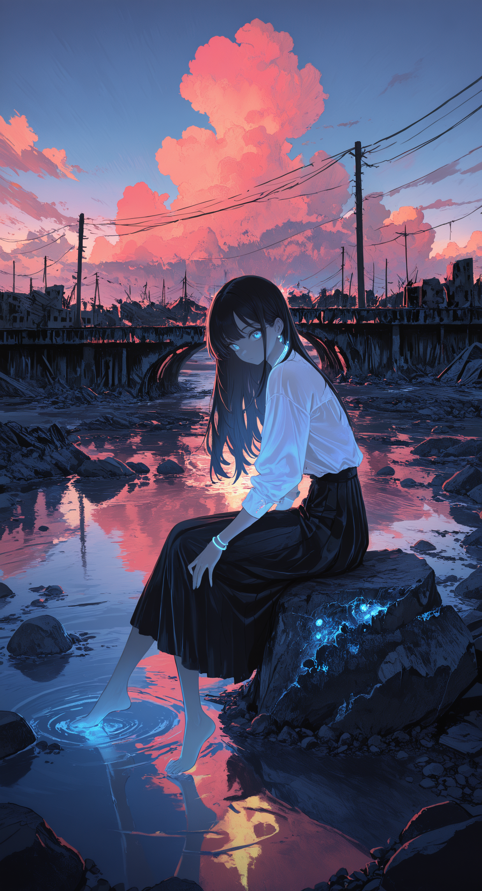 masterpiece, best quality, good quality, very awa, newest, highres, absurdres,1girl, solo, long hair, looking at viewer, blue eyes, shirt, skirt, black hair, long sleeves, closed mouth, jewelry, sitting, white shirt, outdoors, sky, barefoot, cloud, water, from side, bracelet, ocean, scenery, reflection, rock, ruins, bridge, power lines, river, utility pole, evening, reflective water, rubble, limited palette, sketch, glowing, psychedelic, <lora:illustriousXL_stabilizer_v1.23:0.3> <lora:NOOB_vp1_detailer_by_volnovik_v1:0.3> <lora:ponyv6_noobE11_2_adamW-000017:0.3> <lora:114558v4df2fsdf5:0.7> <lora:mon_monmon2133:0.6>