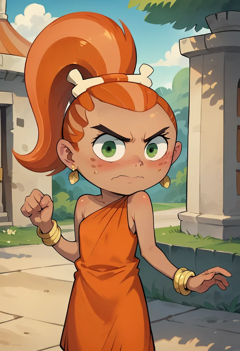 score_9, score_8_up, score_7_up, masterpiece, 1girl, ctianf4ng, earrings, bracelet, orange dress, looking at viewer, outdoors, blush, embarrassed, <lora:fang_barbarian_pony_ct:1>