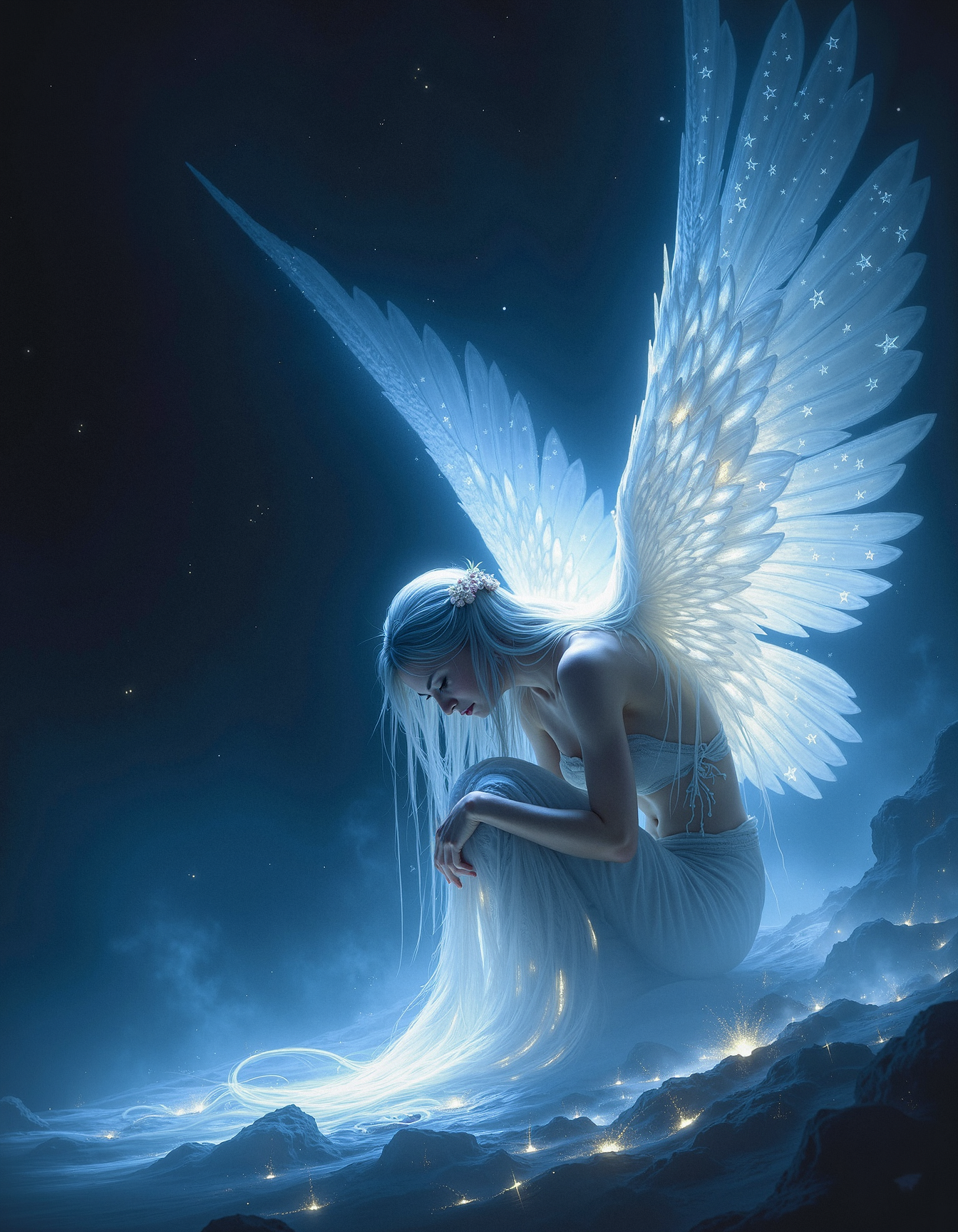 A glowing figure with long, soft, white hair sits curled up, hugging their knees. Their body is barely visible as it is surrounded by two enormous, translucent wings that are light blue with subtle gradients to white. The wings have delicate feather details and glow with embedded stars, some of which are dripping golden light, like small streams of stardust. The figure's skin is pale and the face is obscured by the angle and the wings. The scene is highly ethereal and dreamlike, capturing the peaceful and emotional mood of solitude. The lighting is soft, with the glow from the wings being the primary source of illumination. The overall atmosphere is magical, serene, and celestial, with the deep blue background enhancing the contrast of the glowing wings and stardust.   <lora:dark_fantasy_flux:0.83> <lora:FredFraiStyle-FLUX-Share:0.63> <lora:sxz-Dark-Fantasy-v2-Flux:0.33> drkfnts style,