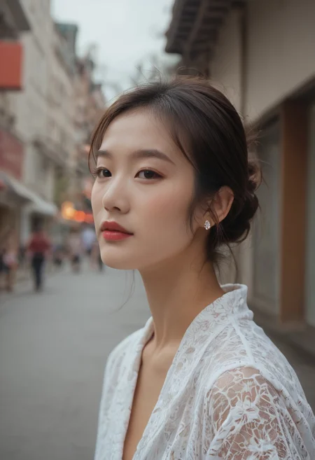 score_9, score_8_up, score_7_up, ladyburns, sideburns, 1girl, solo, jewelry, earrings, blurry, brown hair, asian, OchincosLabo