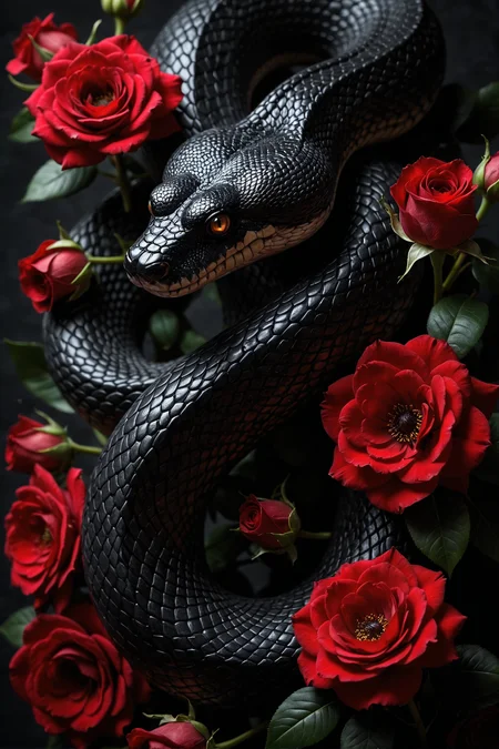 A striking black snake with shimmering scales, surrounded by vibrant red roses in various stages of bloom, creates an ominous yet captivating atmosphere. The dark background accentuates the contrast between the snake's sleek form and the delicate petals, evoking a sense of mystery and allure.