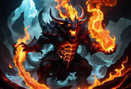 ferrous fire breathing, ghoulish, ghastly horned elemental in a hellish fiery lava filled environment. decimating everything in rage all around it while A single wizard figure is using magic to manipulate water to extinguish fires and battle the beast. OverallDetailXL