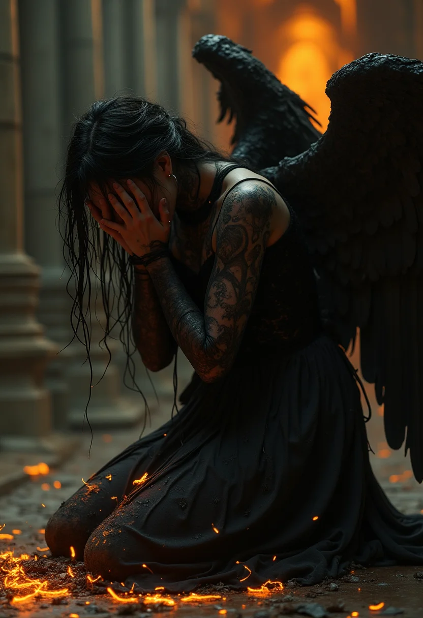 close-up of a depressed gothic female angel with electric orange Drana's Emissary kneeling down praying for forgiveness, crying, cathedral, altar, desperate, Twin Suns, sorry, Messy, ragged