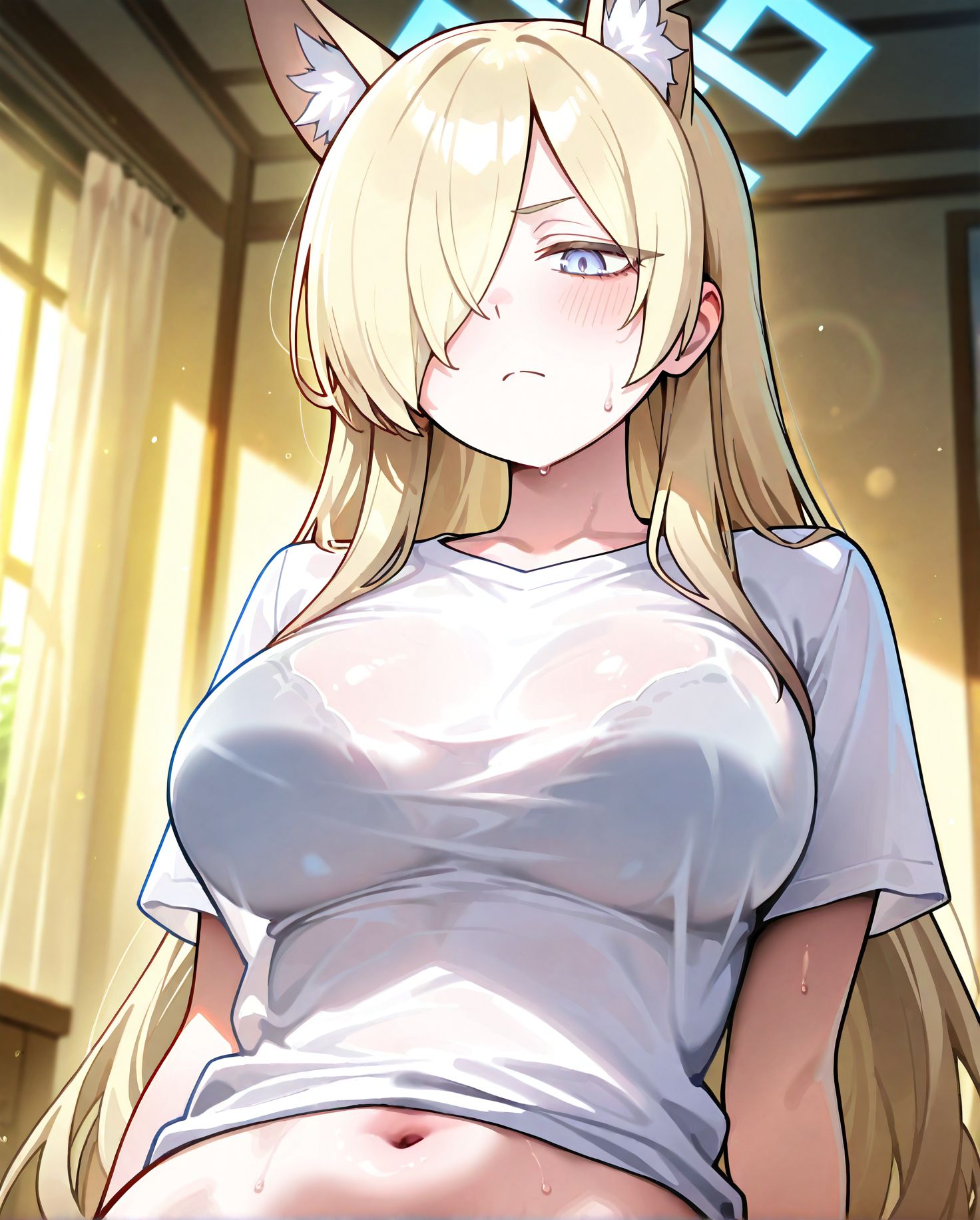 masterpiece best quality newest absurdres highres detailed eyes beautiful detailed background perfect eyes anime coloring anime screencap<lora:add-detail-xl:0.5>,
<lora:sheer_clothing:0.9>,sheer_clothingV1,
1girl,breasts,solo,
navel,white shirt,
sheer clothing with breasts,
BREAK
mature female,20YO,,blue_archive, kanna (blue archive), blue archive,