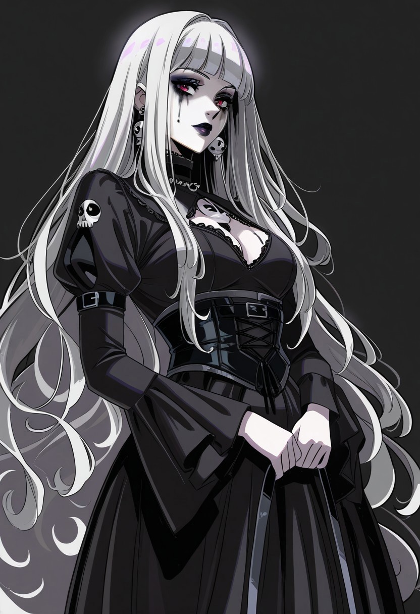 masterpiece, best quality, newest, absurdres, highres,  HadesCharacterArtstyle-IL-V1.0, 1girl, goth girl, gothic, makeup, runny makeup, white hair, long hair,