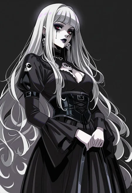 masterpiece, best quality, newest, absurdres, highres, HadesCharacterArtstyle-IL-V1.0, 1girl, goth girl, gothic, makeup, runny makeup, white hair, long hair,