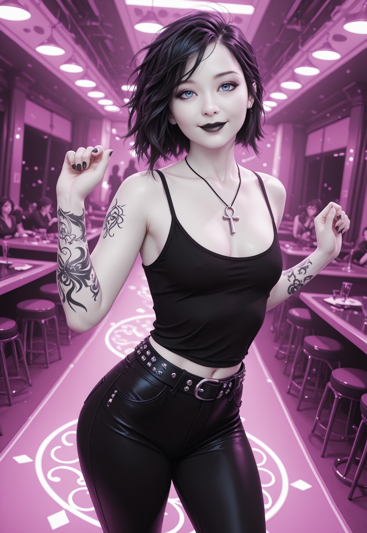 (masterpiece:1.4), (best quality:1.3), (very aesthetic:1.2), (hyperdetailed:1.05), 8k, ultra-HD, newest, depth of field, (realistic), highres, newest, dramatic angle, dynamic pose,
cinematic composition,
1girl, looking at viewer, perfect fingers, pale skin detailed_eyes, subject_focus, 
<lora:Riona-PXL:1> Riona-PXL, Riona, riona-tat, tattoo, 3D, asian girl, solo, looking at viewer, black hair, 
detailed_eyes, subject_focus, tilted head, makeup, (arm tattoo), small breasts, short hair, messy hair, half asian, ((blue eyes)), black lips, perfect face, perfect eyes, cinematic lighting, detailed skin, detailed hair, detailed eyes, absurdres, photo, photorealistic, ethereal atmosphere, cinematic composition, confident posture, cleavage, ((pale skin)), 
 <lora:Death of the EndlessilluLoRA:1>dethofend, white skin, black hair, ankh necklace, tank top, belt, pants, smile, dancing, 
 off shoulders, (black leather pants), studded belt, 
(dimly lit), ((monochrome:1.5, black and white)),

(((black, ((pink)), white, Limited Palette, monochromatic colors)))


arm tattoo,  1girl, in Paris,