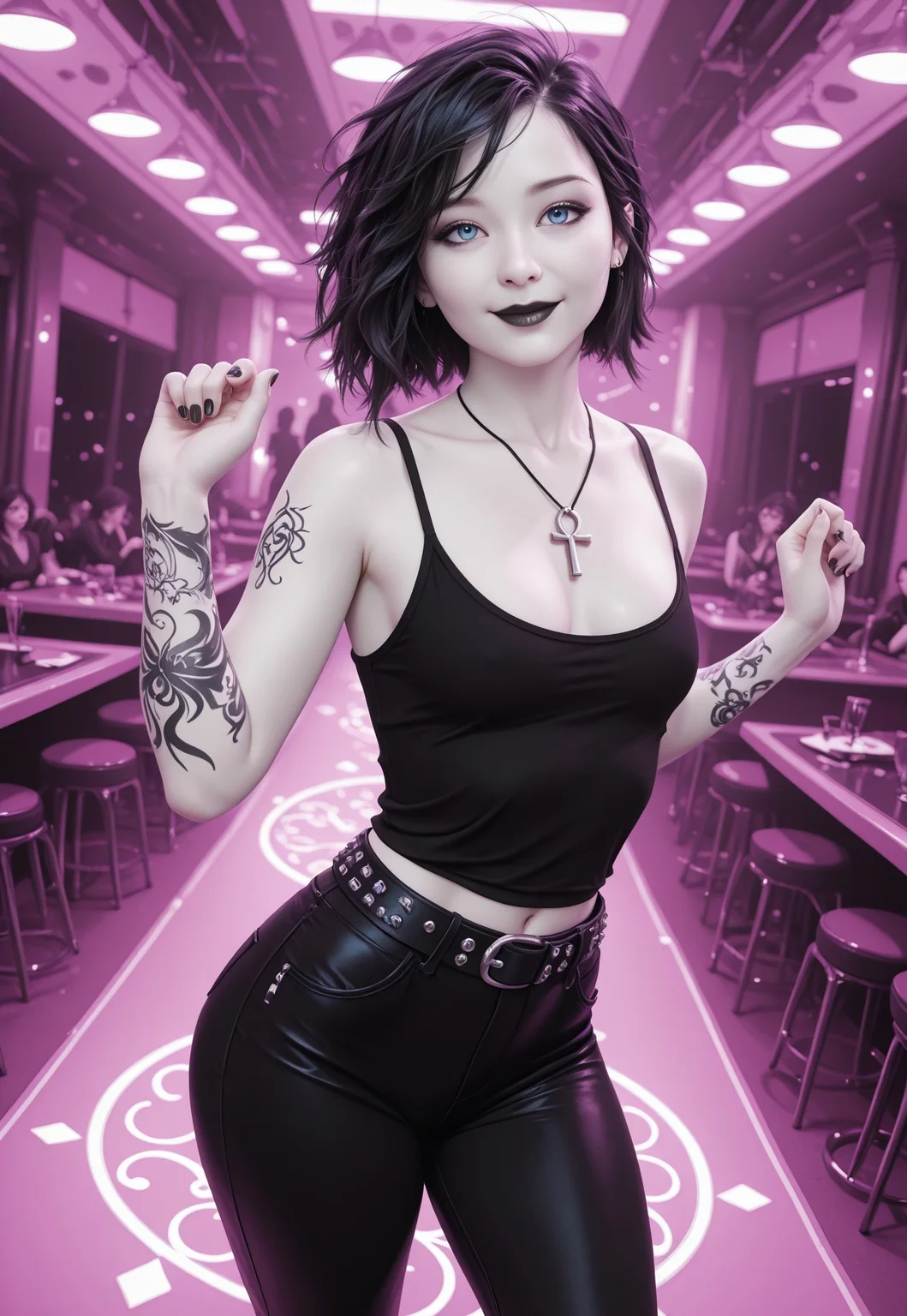 (masterpiece:1.4), (best quality:1.3), (very aesthetic:1.2), (hyperdetailed:1.05), 8k, ultra-HD, newest, depth of field, (realistic), highres, newest, dramatic angle, dynamic pose,
cinematic composition,
1girl, looking at viewer, perfect fingers, pale skin detailed_eyes, subject_focus,
<lora:Riona-PXL:1> Riona-PXL, Riona, riona-tat, tattoo, 3D, asian girl, solo, looking at viewer, black hair,
detailed_eyes, subject_focus, tilted head, makeup, (arm tattoo), small breasts, short hair, messy hair, half asian, ((blue eyes)), black lips, perfect face, perfect eyes, cinematic lighting, detailed skin, detailed hair, detailed eyes, absurdres, photo, photorealistic, ethereal atmosphere, cinematic composition, confident posture, cleavage, ((pale skin)),
<lora:Death of the EndlessilluLoRA:1>dethofend, white skin, black hair, ankh necklace, tank top, belt, pants, smile, dancing,
off shoulders, (black leather pants), studded belt,
(dimly lit), ((monochrome:1.5, black and white)),
(((black, ((pink)), white, Limited Palette, monochromatic colors)))
arm tattoo, 1girl, in Paris,