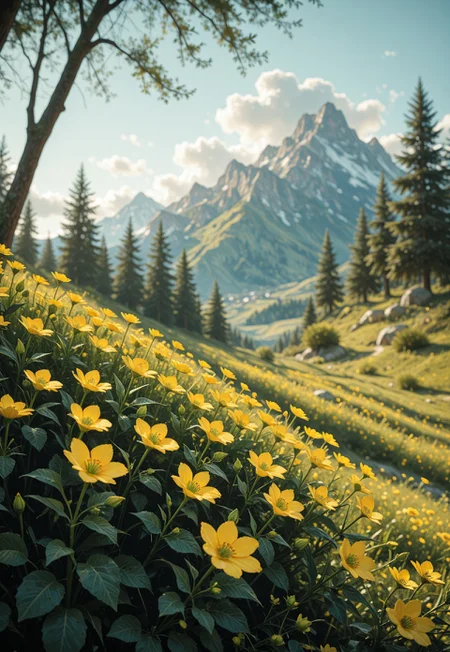 impressionism (1.5), perfect eyes, high detail, depth of field, (blurred background), (dramatic lighting),masterpiece, best quality,((asd123)),very aesthetic,8k, (( neon green-yellow)),
a vibrant colorful photo of a beautiful landscape in the mountains
outdoors, Tree, Flower, Location , Scenery , Cloud
