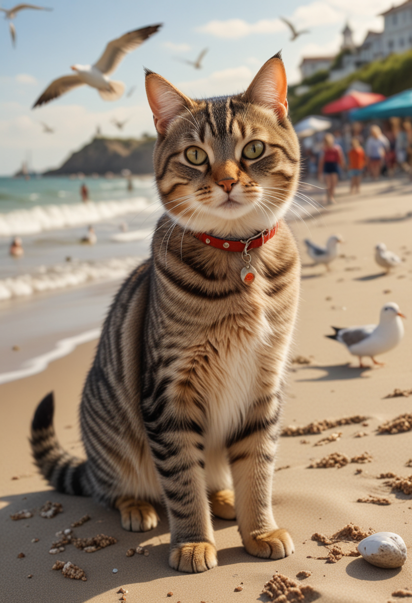 (medium full shot) of (charming cat), tabby fur, ticked, hazel, shiny collar,  set in  a lively beach with children playing, seagulls calling, and an energetic vibe , while purring contentedly, Masterpiece,best quality, photo, realistic, very aesthetic,