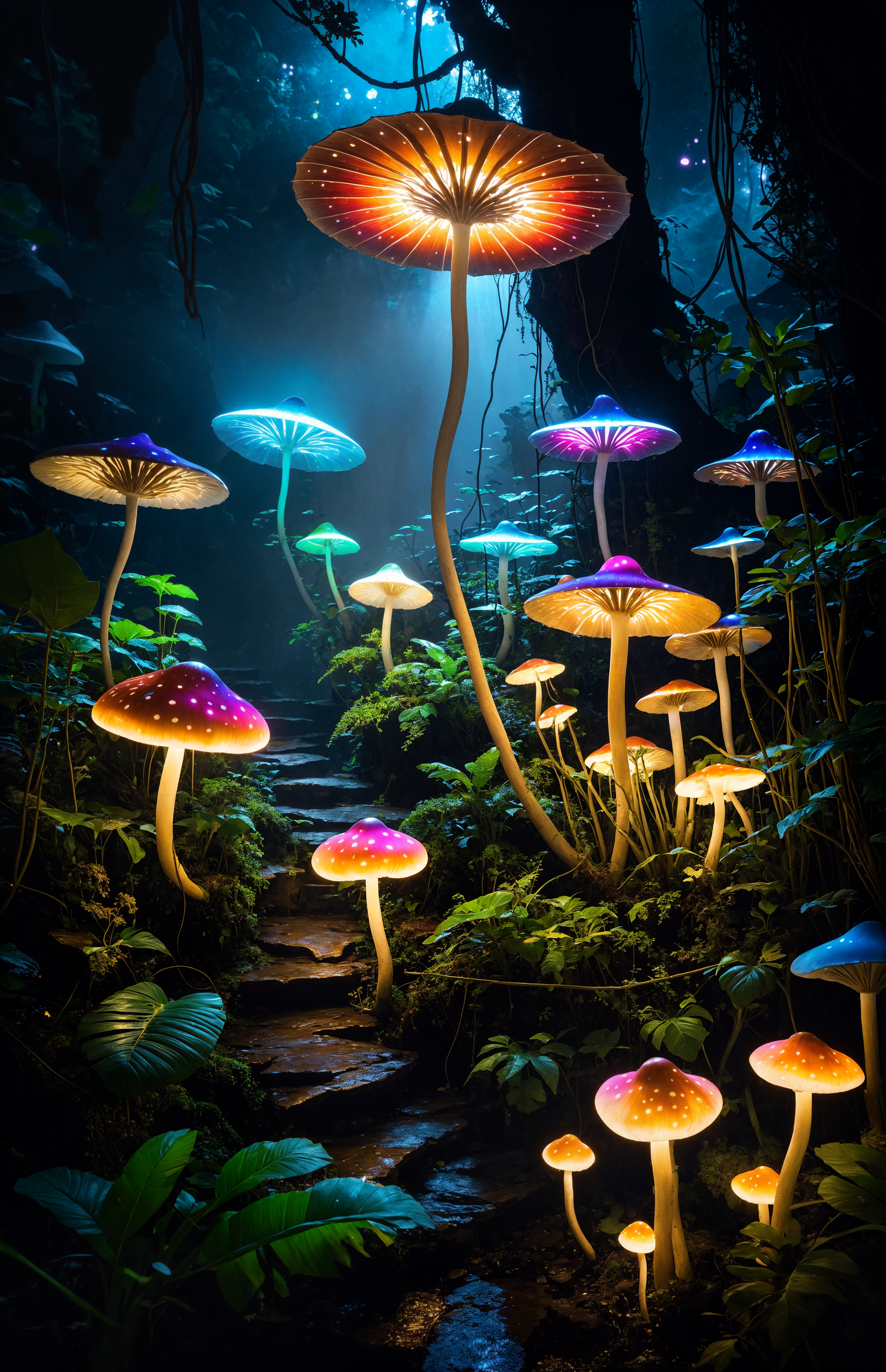 Fluorescent light: Various strange-shaped plants emit colorful light, lighting up the night of Pandora, like a dreamy starlight world.
Biodiversity: Various strange and beautiful plants come in different shapes, some are like giant mushrooms, some are like dancing flowers, and some are like glowing vines, showing the amazing biodiversity of Pandora.
Strong vitality: These plants grow luxuriantly and are full of vitality, as if they are telling the vitality of Pandora.
Mysterious atmosphere: The Pandora planet at night is full of mysterious atmosphere. Unknown creatures and strange plants make people full of curiosity and awe.
Dreamy scene: The whole scene is full of dreamy colors, making people feel like they are in a science fiction movie.
Scene details:
Huge Mushroom Umbrella: The huge and strange mushroom umbrella blocks out the sky and is covered with luminous spots, like small lanterns, illuminating the surrounding plants.
Dancing flowers: The dancing flowers sway gently in the breeze, with colorful lights flashing on their petals, as if they are dancing for Pandora at night.
Glowing vines: Slender vines wrap around the branches, like glowing ribbons, twisting and turning in the dark, adding a bit of mystery.
Unknown Creatures: There are strange calls in the distance, as if there are unknown creatures lurking in the dark, making people full of curiosity and fear.
Dreamy fog: A thin fog envelopes the entire scene, adding a bit of dreaminess and making Pandora even more mysterious.
visual effect:
Brilliant colors: The picture is colorful, and the colorful lights are intertwined to create a dreamlike atmosphere.
Exquisite details: The details of the picture are exquisite, and every plant is vividly depicted, showing the amazing biodiversity of Pandora.
Light and shadow effects: The clever use of light and shadow effects makes the picture more layered and has a strong three-dimensional effect.
Mysterious atmosphere: The whole picture is full of mysterious atmosphere, making people feel like they are in an unknown world.
