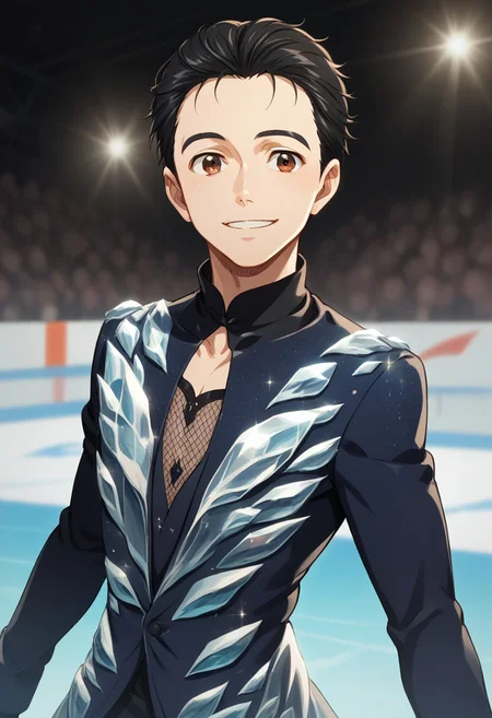 score_8_up, score_7_up, source_anime, highly detailed, 
yurikatsuki, 1boy, skates, male focus, black hair, hair slicked back, smile,
brown eyes, solo, upper body, ice-skating uniform, ice rink,