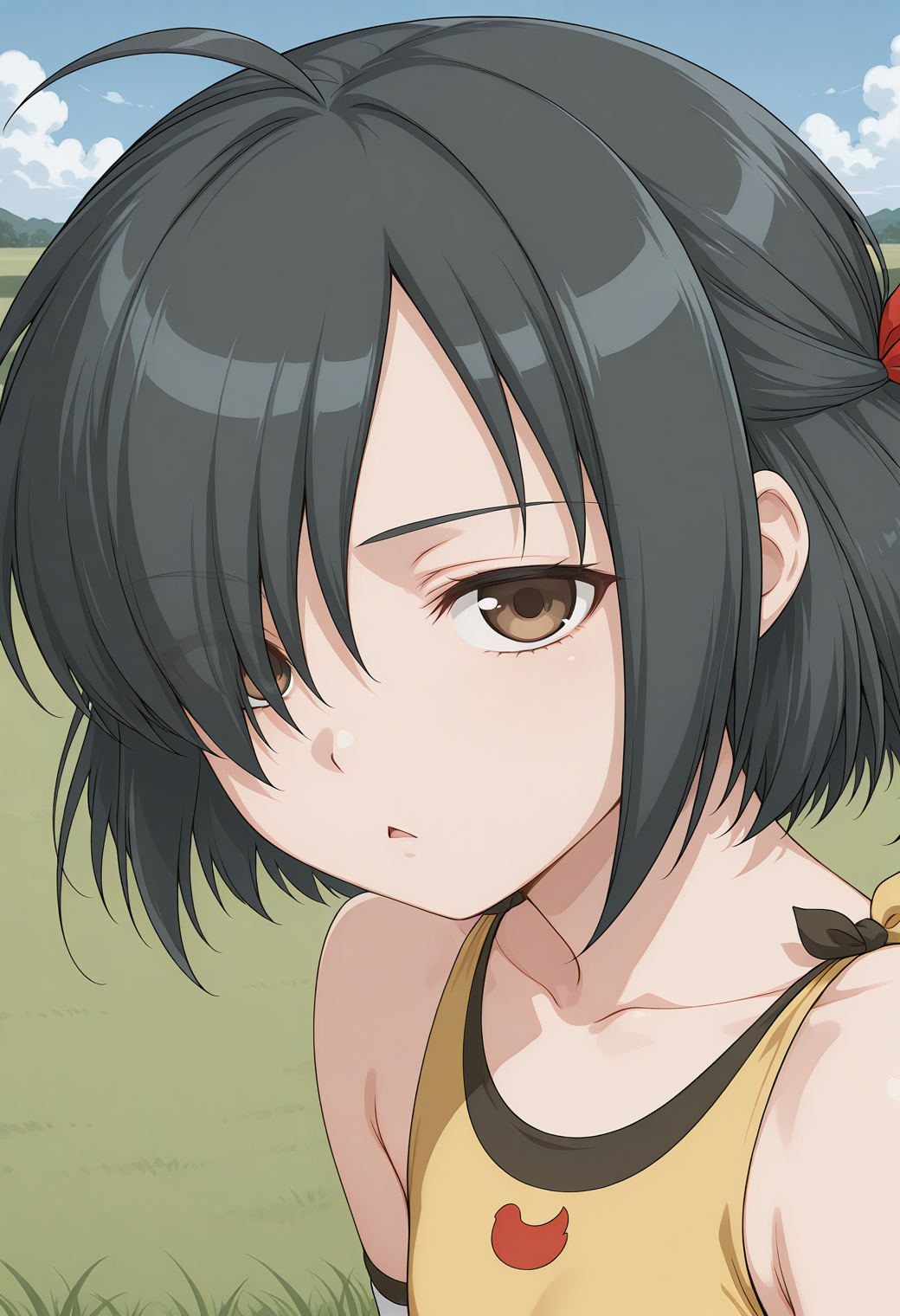 hoshino_chiyoru, triangle mouth, brown eyes, hair over one eye, black hair, ahoge, hair ribbon, yellow leotard, wrestling outfit, <lora:hoshino_chiyoru_illustrious_ver1:0.8> 
expressionless,, masterpiece, best quality, sensitive,, 1girl, solo, blue sky, (grasslands:1.2), looking at viewer,, (upper body:1.2), (open eyes:1.4), (portrait:1.4)