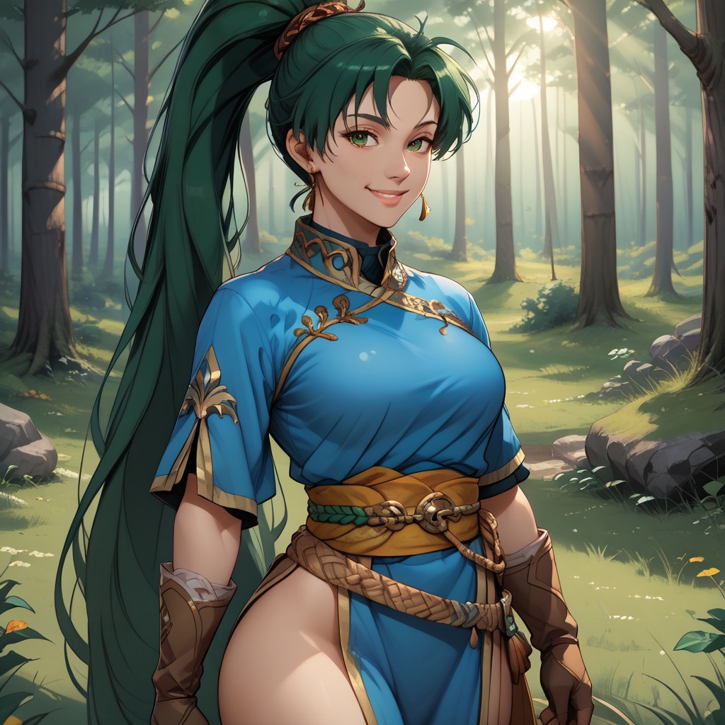 score_9, score_8, BREAK, solo, 1 Girl, long green hair in a high ponytail, blue tunic, pelvic curtain sash, long flowing side slits, brown leather boots, brown gloves, gold belt, wearing thigh-high boots with intricate designs, sexy pose, self portrait, smile, looking at viewer, outdoors, sunlight, shadows, evening lighting, natural lighting, forest, trees, grass, orange sky, sunset