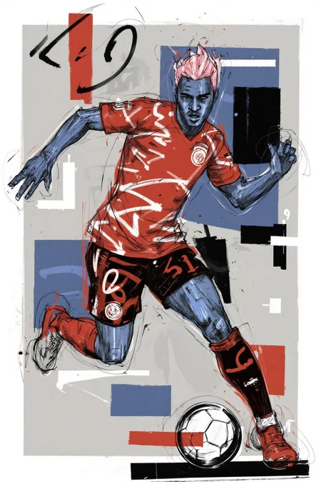 poster illustration. A soccer player in action. He is wearing a red jersey with white accents and black shorts. The player's hair is pink and stands in a dynamic, upward position. <lora:posterillustration_cap_d8a4e11:1.0><lora:846206835036910936:0>