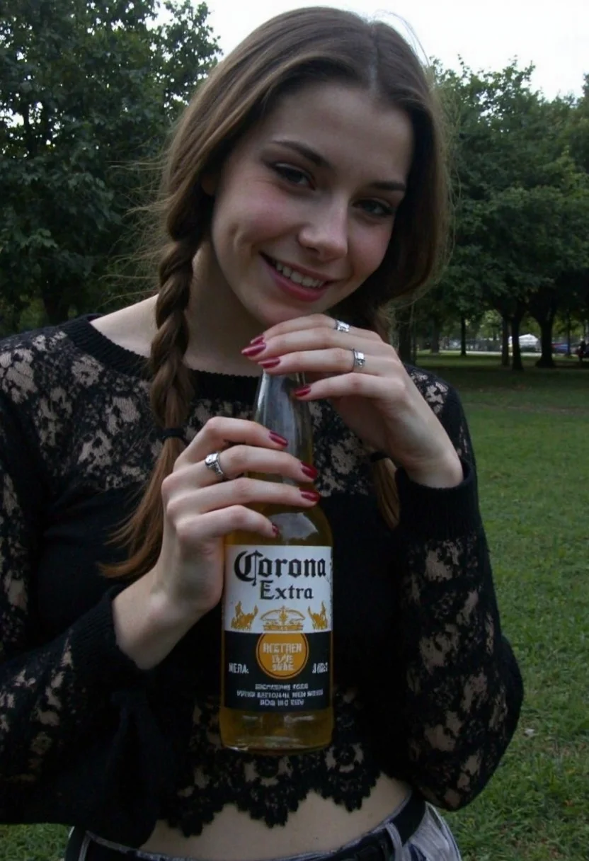 d1g1cam, amateur photo, low-lit, Low-resolution photo, shot on a mobile phone, noticeable noise in dark areas. girl, late teens, standing in the park, brown braided hair, natural makeup, lace black long-sleeve top, skirt, holding a Corona Extra bottle in her right hand, Her face partially shadowed, minimal makeup visible, focus on bottle, silver rings on fingers, red nail polish, serene setting, casual relaxed pose, summer, smiling widely, Dull, overcast lighting,