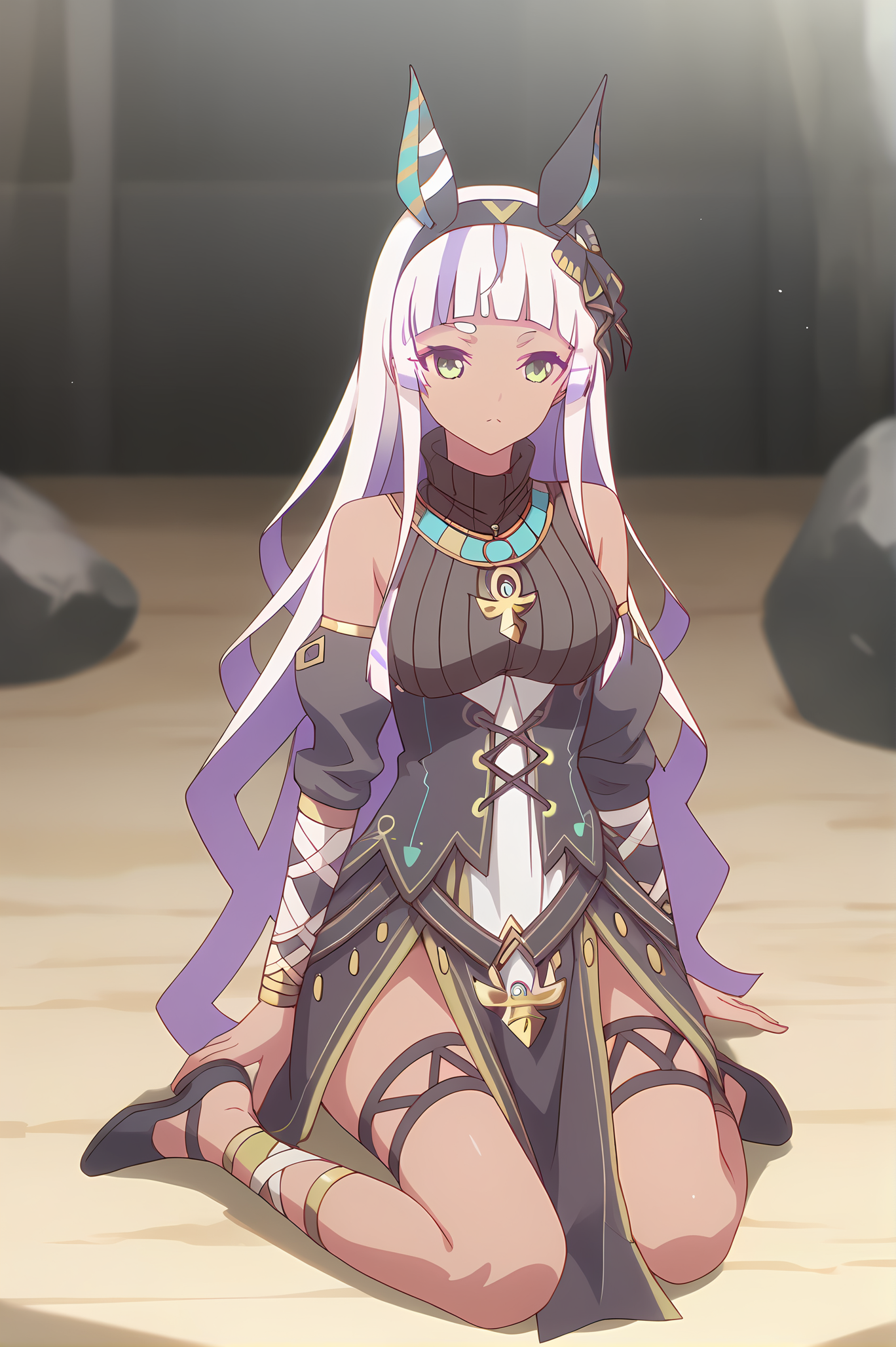 (egyptian clothes:1.20), gg-anubis, necklace, hairband, white hair, multicolored hair, long hair, dark skin, jackal ears, green eyes, medium breasts, 1girl, solo, skinny, score_9, score_8_up, score_8, score_7_up, score_7, score_6_up, score_6, score_5_up, score_5, source_anime, horny, , (full body:1.20), (:1.20), feet, <lora:gg-anubis-V01-000003:0.90>
