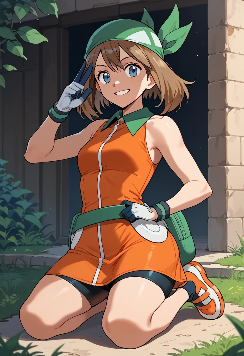 Kneeling with one hand on the hip, smile,  <lora:MayRSEPony:1> May_Es, medium hair, brown hair, blue eyes, green bandana, collared dress, sleeveless dress, orange dress, white gloves, fanny pack, green belt, shorts under dress, bike shorts, orange footwear,, score_9, score_8_up, score_7_up, score_6_up, score_5_up, score_4_up,