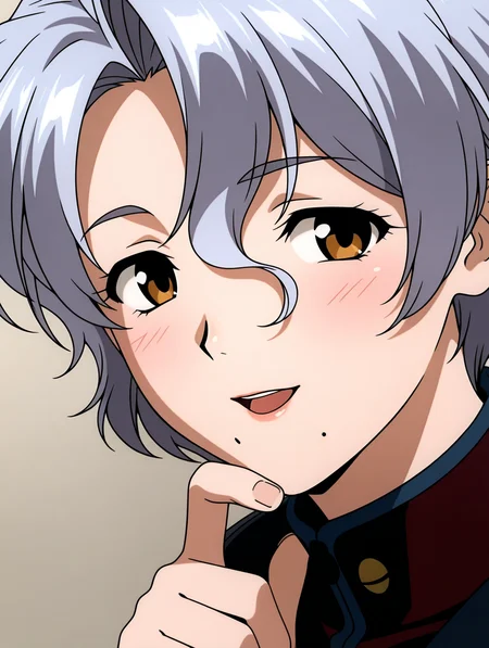 masterpiece,best quality,newest,
1girl,solo,anime screencap,
<lora:Sally_Saint_Ford_ilxl_v1.1:1>,s_s_f,grey hair,brown eyes,mole under mouth,s_clothes,
<lora:Fixhands_anime_bdsqlsz_V1:1>,looking_at_viewer,upper_body,face_focus,dynamic_angle,cinematic_angle,finger to own chin,light_blush,one eye closed,white_background,simple_background,:d,open mouth,