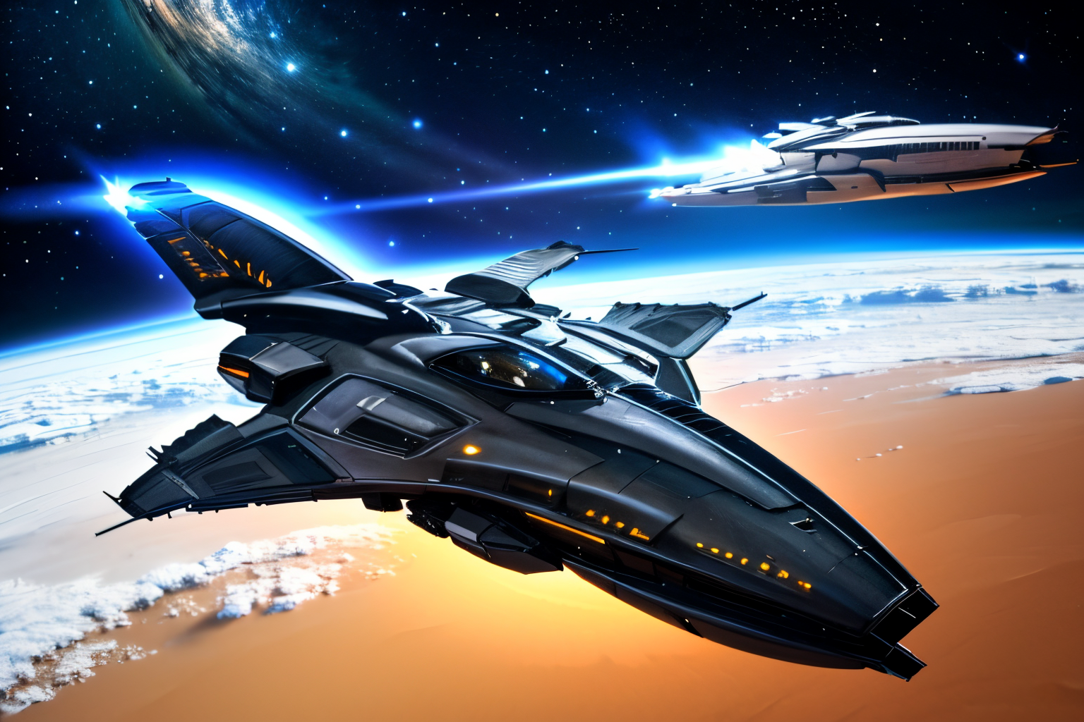 (Realistic:1.5) (masterpiece) wings, holding, earth (planet), shadow, 1boy, flying, black background, firing, fighter jet, gradient, thrusters, realistic, starry sky, desert, mountain, science fiction, aircraft, holding gun, mountain, english text, <lora:EdobSpaceShip01_v1.0:0.8>