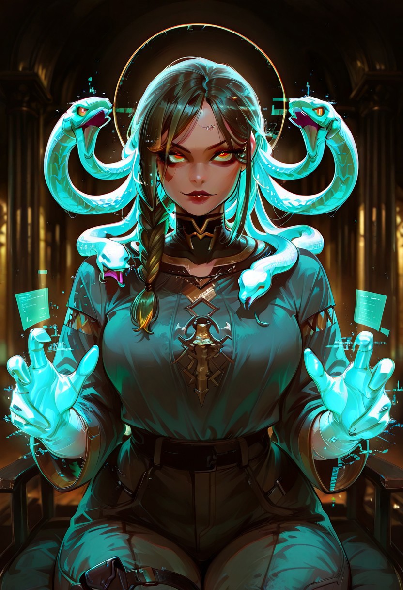Rating_sfw, mature woman,dynamic hands hacking pose, extra four holographic hands, holographic hacking screens, cyberwear, cyberpunk, humanoid , cybernetic enhancement, serpent themed , oversized clothes, cargo pants, dark clear skin, Egyptian themed lap, ((cute face)), innocent face, pretty face, eyes, detailed eyes, long eyelashes, eyeliner, gorgon,glitching hair, ,(( single braid )) (ar-glitch holographic Snake hair, snake, snake_hair,)) , , eyes, glowing snake, charismatic, curvy, aesthetic, ((perfectly robotic hair, snake hair)), thick lips, full lips, skinny, (slim build), small waist, big breasts,, beautiful detailed face, small face, beautifully complex colored iris, ), enchanting, looking at the viewer,