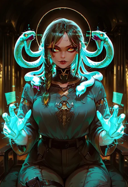 Rating_sfw, mature woman,dynamic hands hacking pose, extra four holographic hands, holographic hacking screens, cyberwear, cyberpunk, humanoid , cybernetic enhancement, serpent themed , oversized clothes, cargo pants, dark clear skin, Egyptian themed lap, ((cute face)), innocent face, pretty face, eyes, detailed eyes, long eyelashes, eyeliner, gorgon,glitching hair, ,(( single braid )) (ar-glitch holographic Snake hair, snake, snake_hair,)) , , eyes, glowing snake, charismatic, curvy, aesthetic, ((perfectly robotic hair, snake hair)), thick lips, full lips, skinny, (slim build), small waist, big breasts,, beautiful detailed face, small face, beautifully complex colored iris, ), enchanting, looking at the viewer,
