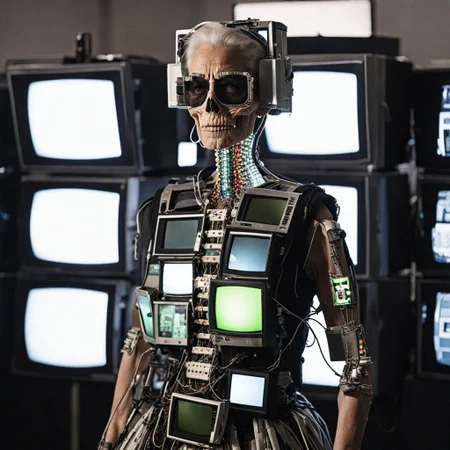 A photo a cyber grandma wearing an exp-skelaton made out of old CRT screens <lora:Made_out_of_old_CRT_screens_-_SDXL_LoRA:0.8>