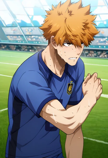 1boy, male focus,
<lora:Character_-_Blue_Lock_-_Rensuke_Kunigami:1> rensuke, brown eyes, orange hair
((zPDXL)), score_9_up, score_8_up, score_7_up, score_6_up, score_5_up, score_4_up, best quality, amazing quality, best aesthetic, absurdres, year2023, nsfw, game cg, official art, official style, uncensored,
blue shirt, soccer field, depth of field, soccer uniform, upper body, sweat, very sweaty,