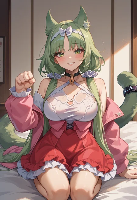 score_9, score_8_up, source_anime, 1girl, solo, HarmonieDecoration, long hair, low twintails, hair scrunchie, cat ears, white hairband, cat tail, tail ornament, black choker, neck bell, white dress, high-waist skirt, red skirt, frilled skirt, pink jacket, off shoulder, indoors, kneeling, on bed, blush, paw pose, :3, smile, <lora:ChamHarmoniePonyXL:1>