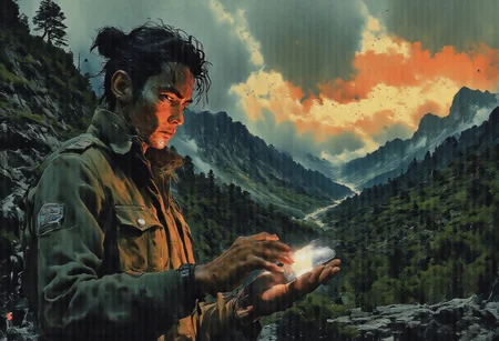 A person standing at the edge of a vast, untouched wilderness, their gaze directed downward at a smartphone with a clear, empty signal bar. The individual is dressed in contemporary urban attire, appearing slightly out of place amidst the vibrant foliage and rugged terrain. The phone's screen is illuminated by the setting sun, which casts a dramatic contrast between the cold digital interface and the warm, natural light. The sky transitions from a deep blue to fiery oranges and reds, with the silhouette of tall, ancient trees reaching for the horizon. The landscape stretches on infinitely, unmarred by any signs of civilization, emphasizing the stark contrast between the technological dependency and the untouched beauty of the environment. The person's hand is slightly open, as if they had just tried to refresh the connection, a hint of frustration etched on their face as they realize the futility of their action. The reflection in the phone screen captures the serene beauty of the surrounding nature, juxtaposing the two realms and highlighting the isolation of modern technology in the face of nature's grandeur.
