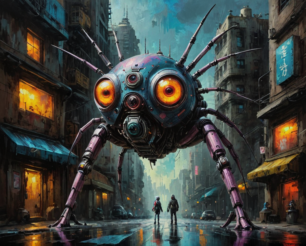 Oil painting of a cybernetic spider, cyberpunk city, hyper realistic, super detailed, Science Fiction, tb, <lora:ThickBrush:0.5> <lora:drkkaw_epoch_10:0.5>