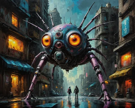 Oil painting of a cybernetic spider, cyberpunk city, hyper realistic, super detailed, Science Fiction, tb, <lora:ThickBrush:0.5> <lora:drkkaw_epoch_10:0.5>
