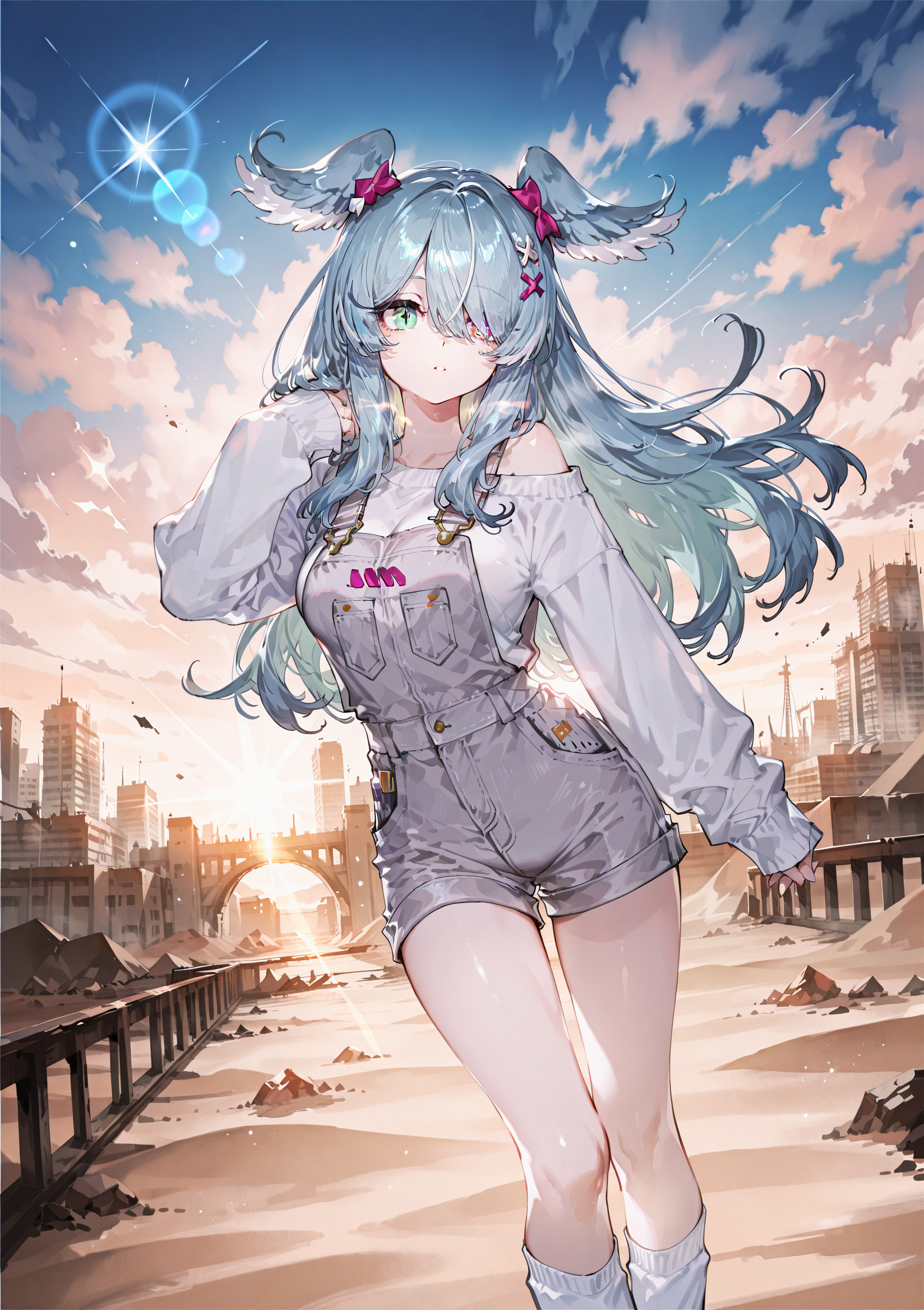 zPDXL3 Real score_9, score_8_up, score_7_up, score_6_up source_anime, highly detailed, sharp, intricate details, rating_safe rating_sensitive, rating_explicit, masterpiece, best quality, good quality, bright eyes light particles lens flare amazing quality, very aesthetic, very awa, absurdres, newest,
<lora:yoneyamaiXLNBVP1lokrV6311PZ:0.5>, <lora:misumigumiforill:0.5>
<lora:nhl-001:0.4> nhl-001 film grain multicolored background  <lora:ponyv4_noob1_2_adamW:0.4>
medium breasts, dynamic pose, dynamic angle,
optical illusion, ssambatea, quasarcake, Fishine, arutera, soresaki, reoen, sanbonzakura, askzy, negative space, see-through, made of, neon light, detailed background,
niji-pendora,large breasts,heterochromia,green eye,symbol pupils,+_+,blue-green hair,streaked hair,head wings,long hair,hair ornament,x hair ornament,hair over one eye,covered one eye,
niji-pendoracos1,grey overalls,short overalls,white sweater,long sleeves,sleeves past fingers,sleeves past wrists,single off shoulder,white socks,short socks,
desert, sand, broken bridge, broken building, cloud, cloudy sky,
<lora:niji-elira:0.7>