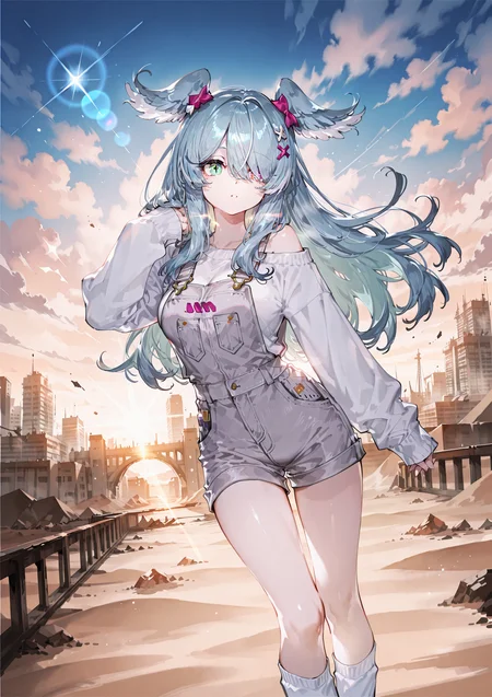zPDXL3 Real score_9, score_8_up, score_7_up, score_6_up source_anime, highly detailed, sharp, intricate details, rating_safe rating_sensitive, rating_explicit, masterpiece, best quality, good quality, bright eyes light particles lens flare amazing quality, very aesthetic, very awa, absurdres, newest,
<lora:yoneyamaiXLNBVP1lokrV6311PZ:0.5>, <lora:misumigumiforill:0.5>
<lora:nhl-001:0.4> nhl-001 film grain multicolored background  <lora:ponyv4_noob1_2_adamW:0.4>
medium breasts, dynamic pose, dynamic angle,
optical illusion, ssambatea, quasarcake, Fishine, arutera, soresaki, reoen, sanbonzakura, askzy, negative space, see-through, made of, neon light, detailed background,
niji-pendora,large breasts,heterochromia,green eye,symbol pupils,+_+,blue-green hair,streaked hair,head wings,long hair,hair ornament,x hair ornament,hair over one eye,covered one eye,
niji-pendoracos1,grey overalls,short overalls,white sweater,long sleeves,sleeves past fingers,sleeves past wrists,single off shoulder,white socks,short socks,
desert, sand, broken bridge, broken building, cloud, cloudy sky,
<lora:niji-elira:0.7>