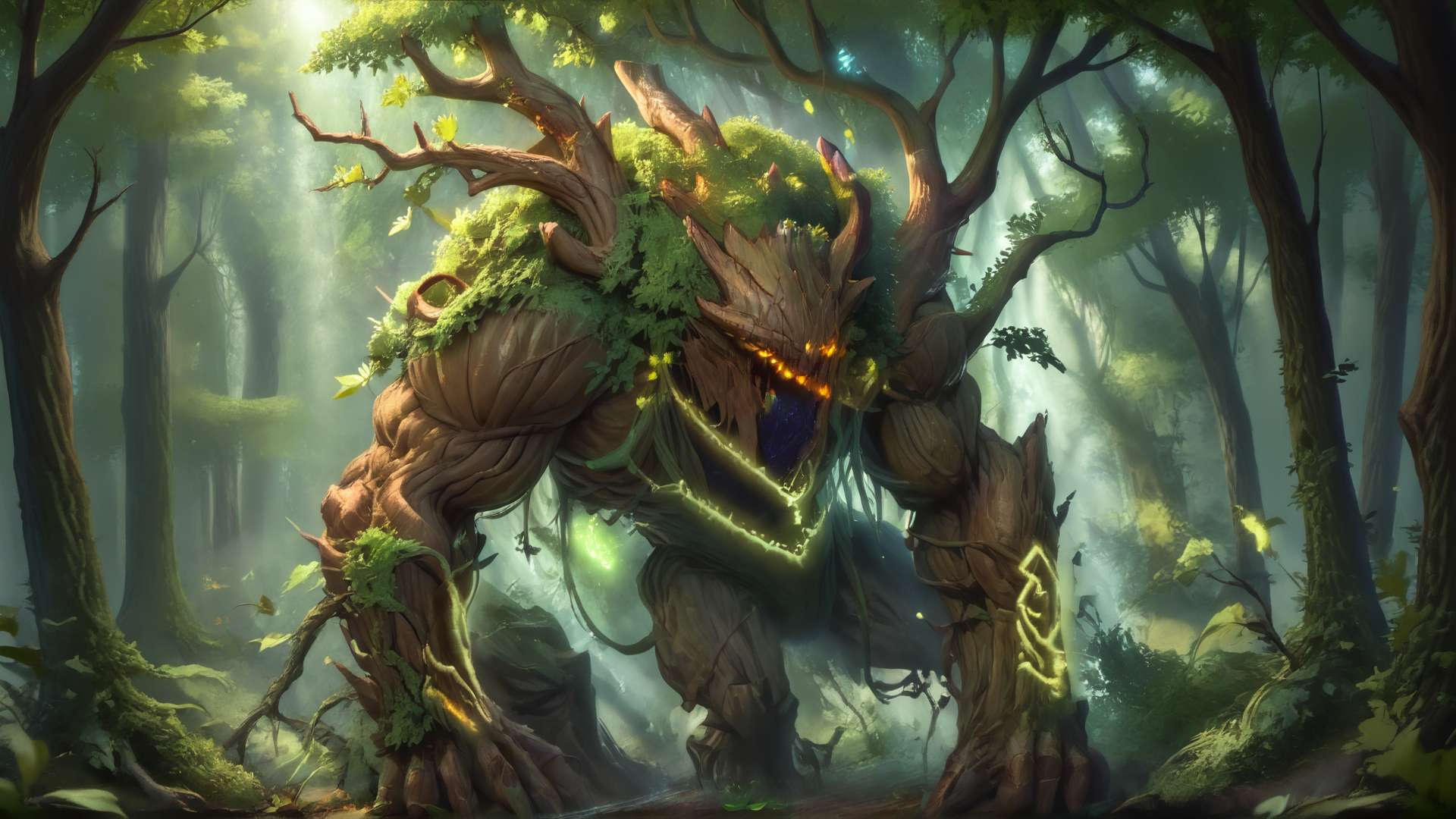 A colossal ancient treant, rough bark texture with deep grooves and glowing amber sap veins, twisted trunk torso, massive root-like legs digging into the soil, branch-like arms covered in moss and ivy, dense leafy foliage sprouting from its back, surrounded by a mystical forest with bioluminescent mushrooms, soft sunlight filtering through the canopy, hyper-detailed, fantasy realism, cinematic composition, vibrant natural colors  <lora:Treant:1> <lora:realistic_pony:0.8> <lora:xl_more_art-full_v1:0.8> 2 arms, bush in the back, lushious forest, leaves in the back, branches in the back