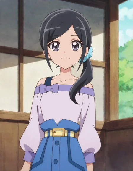 score_9, score_8_up, score_7_up, anime screencap, solo,1girl,sawaizumichiyu,smile, hair ornament, skirt, blue scrunchie, hair scrunchie,shirt, scrunchie, blue skirt, collarbone, yellow belt,off shoulder, long skirt, purple shirt, long sleeves, closed mouth, off-shoulder shirt, looking at viewer, cowboy shot,medium breasts<lora:sawaizumichiyu:0.8>