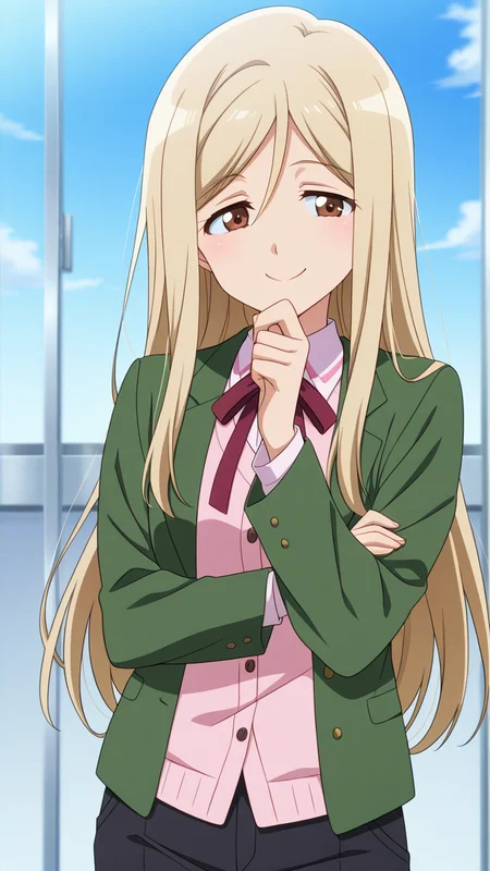 solo, smile, thinking, hand on own chin,, masterpiece, best quality, amazing quality, very aesthetic, absurdres, newest, anime screencap, <lora:takanoILM:1>, takano miyo, long hair, very long hair, blonde hair, parted bangs, brown eyes, hair between eyes, green jacket, green sleeves, cardigan, ribbon, collared shirt, pink shirt, pants, black pants,