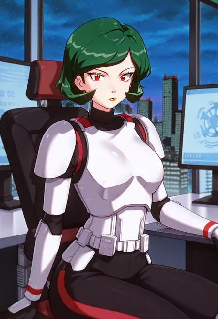 masterpiece, best quality, good quality, <lora:PMWendyIL:0.9>, PMWendy, 1girl, solo, green hair, short hair, red eyes, lipstick,stormtrooper, armor, white armor, black bodysuit, bodysuit under clothes,
looking at viewer, sitting, monitor
BREAK indoors, day, office, swivel chair, window, night sky, cityscape,