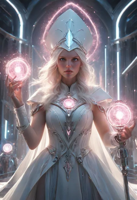 Angry blushed Beautiful neon-pastel Bishop, Freckles, Arms up, Grit, Rust, Stains, futuristic space grunge style, a petite Busty albino scandinavian Woman wearing White used Cotton Dress armor,Bishop's hat, blessing attitude, Arms Up, Fighting stance, dynamic scene, translucent Power aura, summoning bright holy light Vortex, Action Scene, floating little holy luminous sparkles, very long breaded ponytail, awesome glowing orbstaff,  textured, excited, neon vintage, edgy, Sci-fi punk rock vibe, dirty, noisy, in iconic Napoleon Bonaparte Pose, Vintage space Uniform, very detailed, hd
