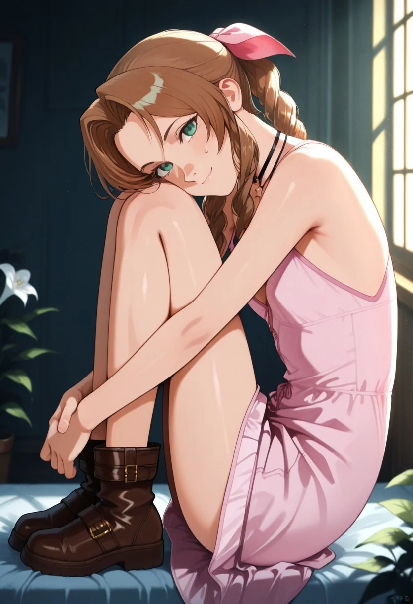 masterpiece,best quality,amazing quality,very aesthetic,absurdres,newest, detailed faces, (((typ0))),, (vibrant, dynamic lighting, edge lighting), (dramatic lighting:1.5),, (detailed faces:1.5), (detailed eyes:1.5), bedroom, flowers,
(1girl: Aerith Gainsborough, NoJacketAerith, bow, choker, long pink dress, boots, brown hair, braided ponytail, long hair, green eyes, hair ribbon, petite, skinny, slim figure, small teardrop breasts),
smile, hugging legs, head tilt