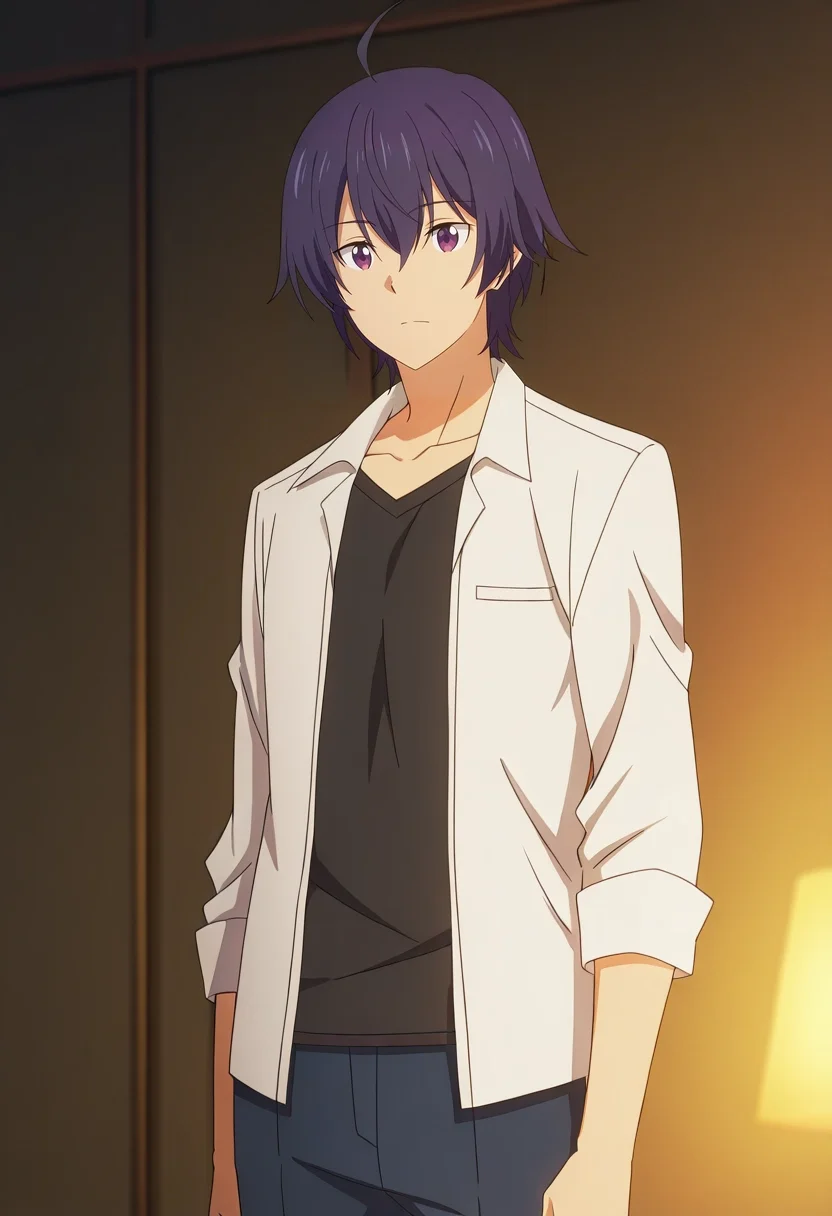 masterpiece, best quality, anime screencap, official style, anime coloring, cowboy shot, 1boy, solo, male focus, <lora:shin_wolford_ilxl:0.92>, shin_wolford, purple hair, purple eyes, short hair, ahoge, hair between eyes, ,