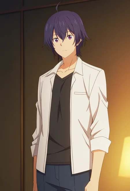 masterpiece, best quality, anime screencap, official style, anime coloring, cowboy shot, 1boy, solo, male focus, <lora:shin_wolford_ilxl:0.92>, shin_wolford, purple hair, purple eyes, short hair, ahoge, hair between eyes, ,