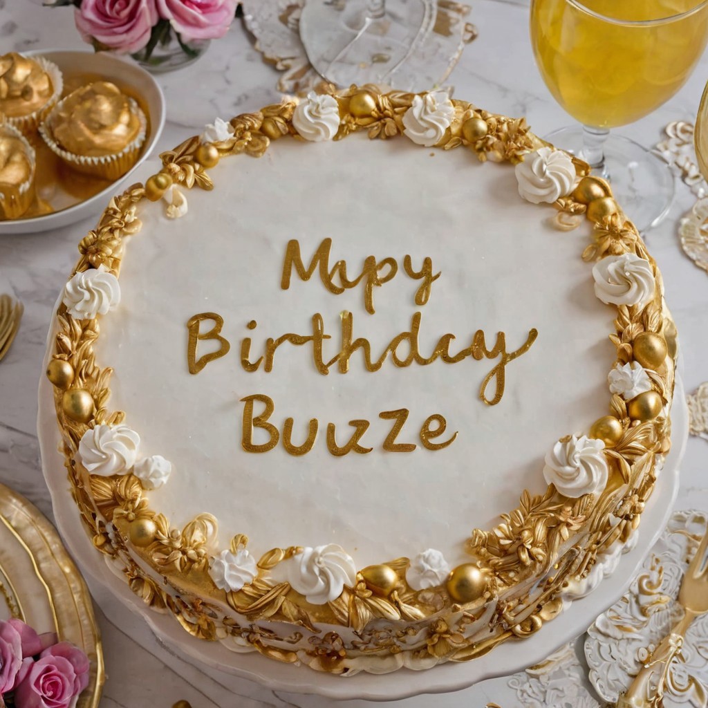 8K, UHD, NATURAL, ornate birthday cake with frosted words "My Birthday PLEASE BUZZ" golden platter