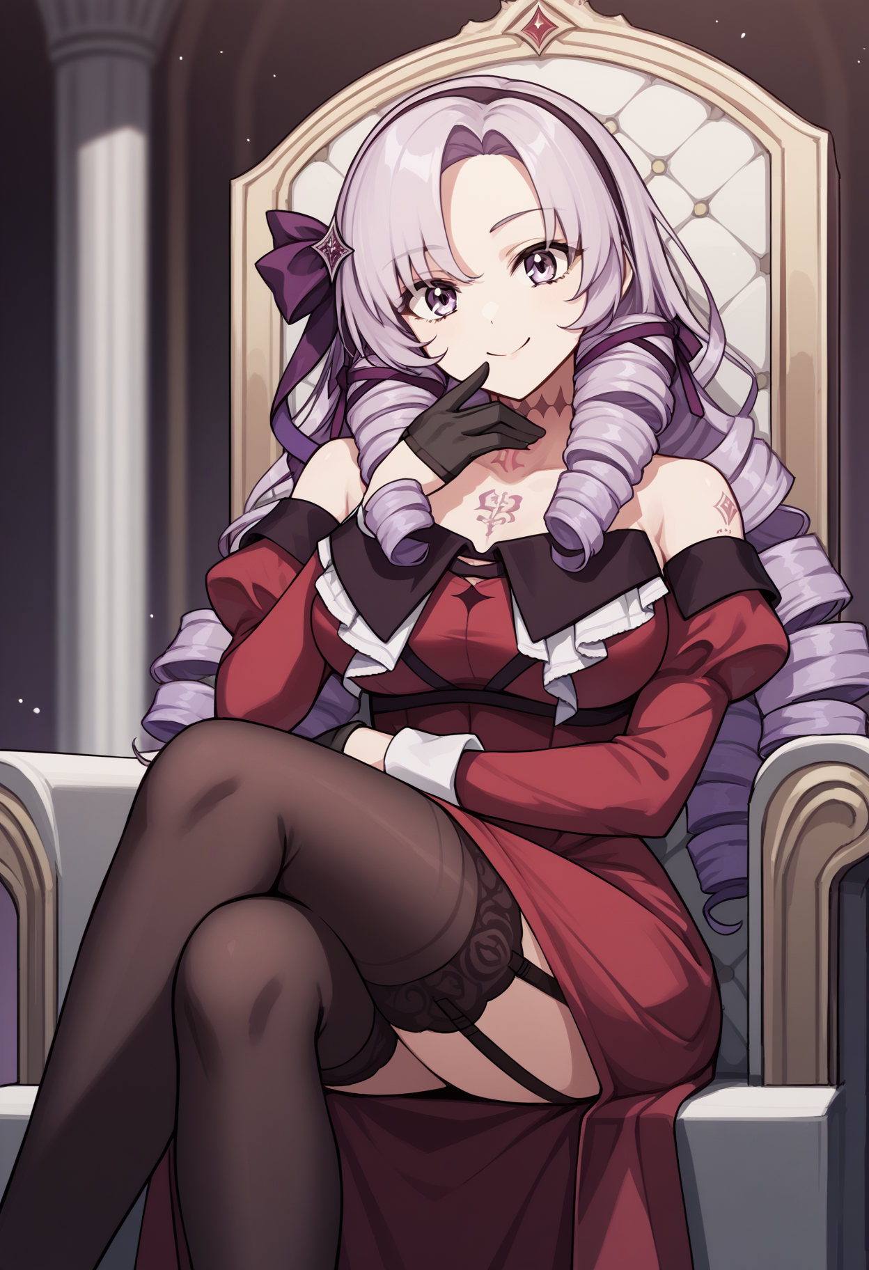 score_9, score_8_up, score_7_up, source_anime, hs1, purple eyes, bangs, parted bangs, purple hair, light purple hair, long hair, drill hair, tattoo, chest tattoo, ribbon, hair ribbon, purple ribbon, hairband, bare shoulders, dress, red dress, long sleeves, juliet sleeves, gloves, black gloves, garter straps, thighhighs, black thighhighs, smile, happy, large breasts, crossed legs, throne, sitting<lora:HyakumantenbaraSalomeXL-15:1>